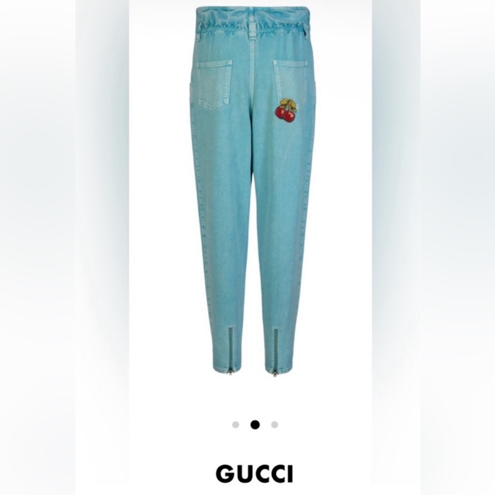 Authentic Gucci Blue paper bag waist cherry appliqué jeans 27 - Picture 2 of 12